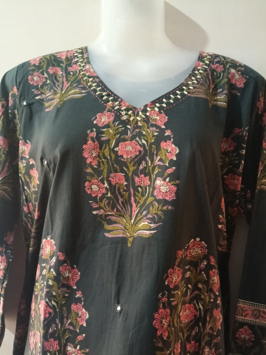 Black floral print Cotton Kurthi