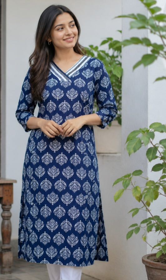 Navy‑blue kurti with white leaf‑pattern print