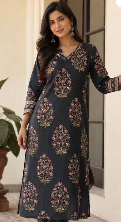 Black floral print Cotton Kurthi