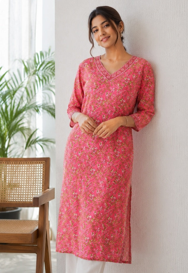 Pink base kurthi with floral print