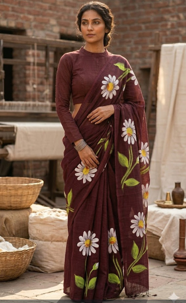 Khadi Cotton handprint Saree