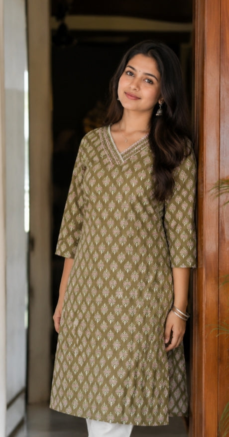 2 Pcs Cotton Kurthi - Olive green with pink diamond print.