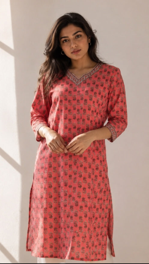 Pink base with black floral print.