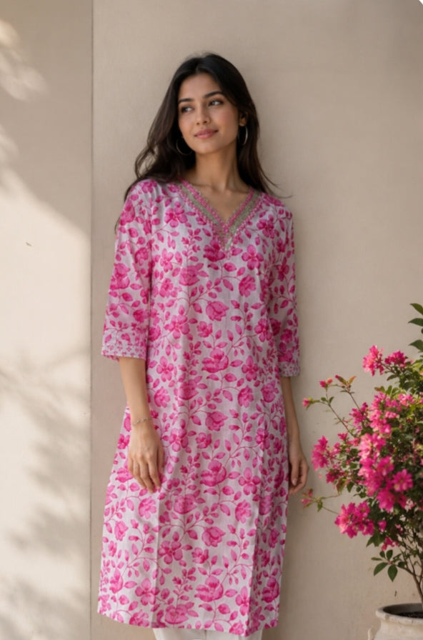 Pink floral print, V-neck with embroidery