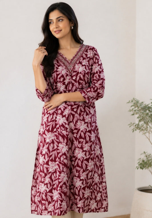 2Pcs Kurthi ...Maroon Kurthi with white floral print,