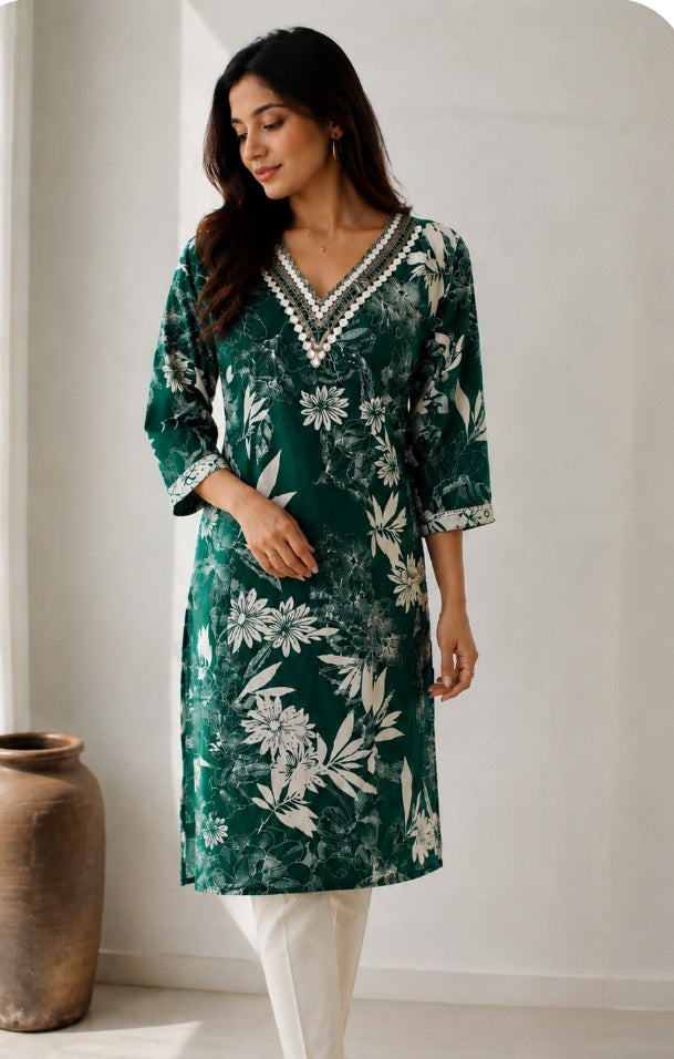 Emerald Green 2 Piece Cotton kurthi