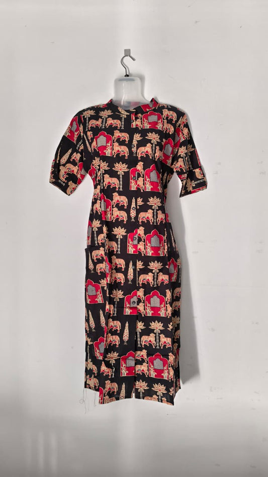 Black printed dress with elephant & floral motif.
