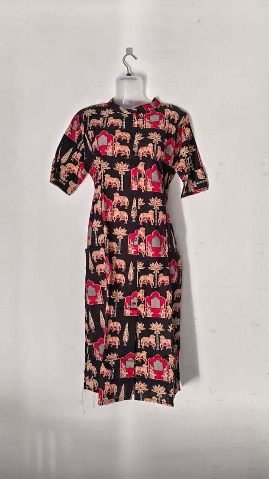 Black printed dress with elephant & floral motif.