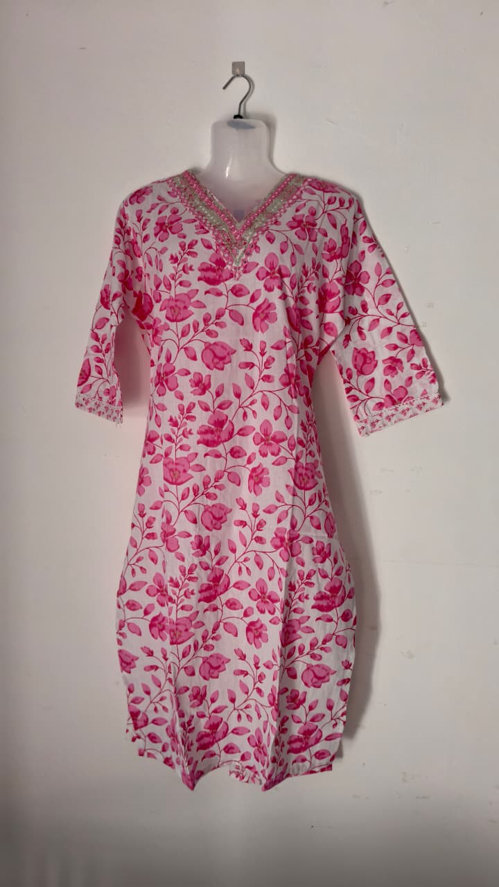 Pink floral print, V-neck with embroidery