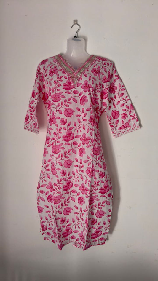 Pink floral print, V-neck with embroidery