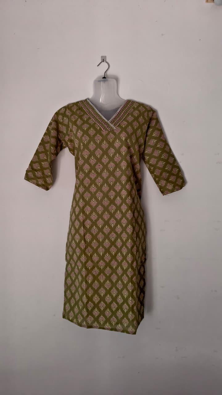 2 Pcs Cotton Kurthi - Olive green with pink diamond print.