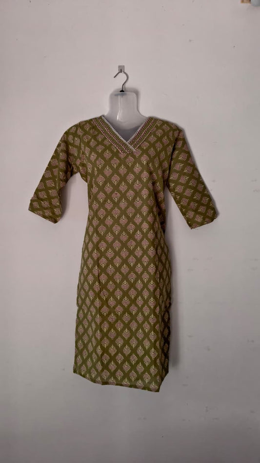 2 Pcs Cotton Kurthi - Olive green with pink diamond print.