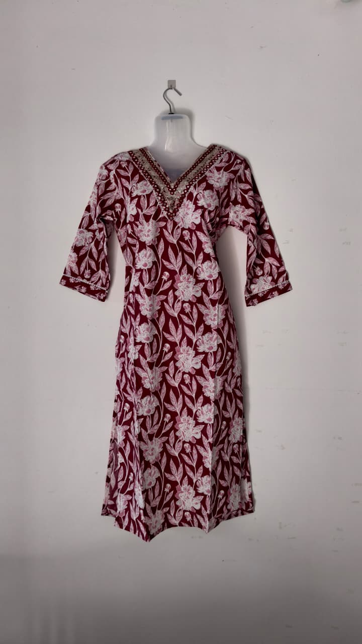 2Pcs Kurthi ...Maroon Kurthi with white floral print,