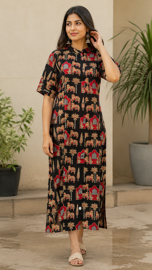 Black printed dress with elephant & floral motif.
